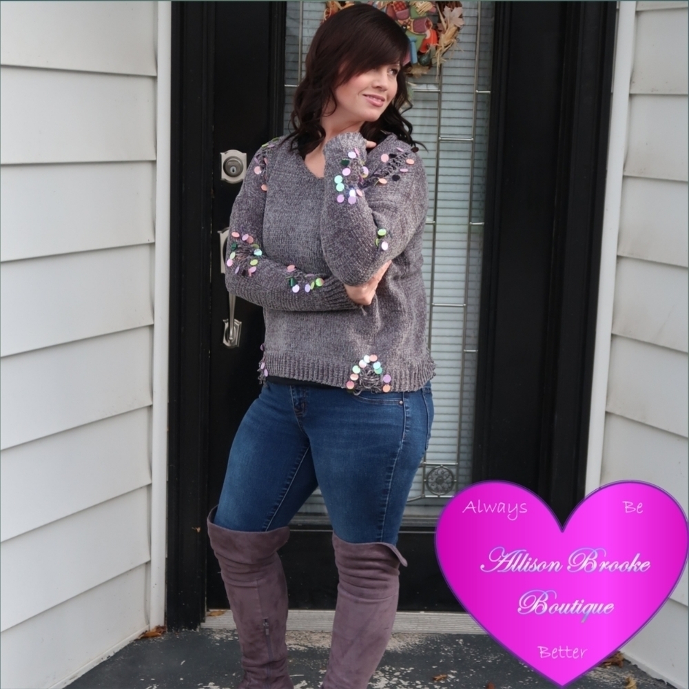 Charcoal Gray Sequin Distressed Sweater Embellished Knit S/M M/L - Picture 3 of 7